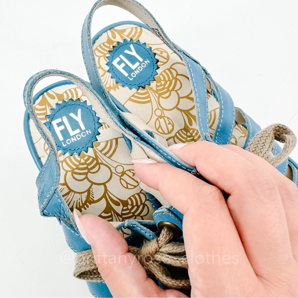 Fly London Blue and Tan Wedge Sandals - Picture 4 of 7